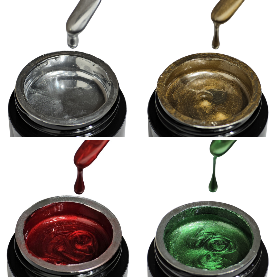Silver, Gold, Red & Green Metallic Gel Paint Set